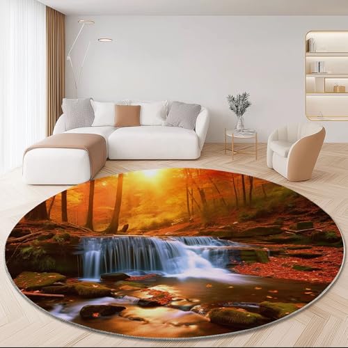 Teppich Rund Fotografie Stil 150cm, Weich Waschbar rutschfest Teppiche Natur Sonnenuntergang Wald Wasserfall Kurzflor Bedruckter Teppich Geeignet für Wohnzimmer Schlafzimmer Orange Farbe von Generisch