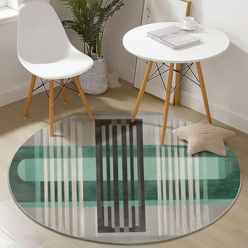 Teppich Rund Modern Geometrisch Streifen Linien Drucken rutschfest Waschbar Runder Teppich 150 cm für Wohnzimmer Kinderzimmer Büro Korridor, Weich Flaumig Flanell Teppiche Khaki Grün von Generisch