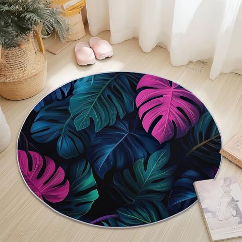 Teppich Rund Modern rutschfest Waschbar Schlafzimmer Teppiche, Innenbereich Abstrakte Dschungelblätter Runder Teppich fürs Wohnzimmer Flur Kinderzimmer Büro, 60 cm, Blau Lila von Generisch