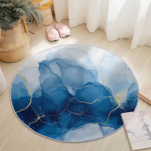 Teppich Rund Modern rutschfest Waschbar Schlafzimmer Teppiche, Innenbereich Abstrakte Flüssige Kunst Runder Teppich fürs Wohnzimmer Flur Kinderzimmer Büro, 60 cm, Blau Gold von Generisch