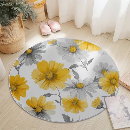 Teppich Rund Modern rutschfest Waschbar Schlafzimmer Teppiche, Innenbereich Aquarell Blumen Gänseblümchen Runder Teppich fürs Wohnzimmer Flur Kinderzimmer Büro, 160 cm, Gelb Grau Teppich Rund Modern rutschfest Waschbar Schlafzimmer Teppiche, Innenbereich Aquarell Blumen Gänseblümchen Runder Teppich fürs Wohnzimmer Flur Kinderzimmer Büro, 160 cm, Gelb Grau von Generisch