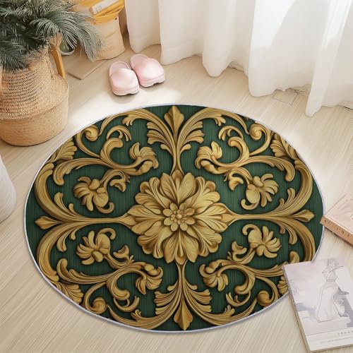 Teppich Rund Modern rutschfest Waschbar Schlafzimmer Teppiche, Innenbereich Retro-3D-Blumen Runder Teppich fürs Wohnzimmer Flur Kinderzimmer Büro, 120 cm, Grün Gold von Generisch