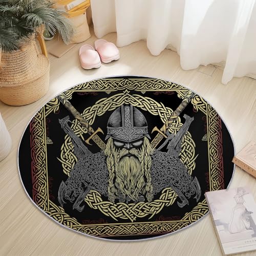 Teppich Rund Modern rutschfest Waschbar Schlafzimmer Teppiche, Innenbereich Retro-Wikinger-Figuren Runder Teppich fürs Wohnzimmer Flur Kinderzimmer Büro, 180 cm, Schwarz Gold Teppich Rund Modern rutschfest Waschbar Schlafzimmer Teppiche, Innenbereich Retro-Wikinger-Figuren Runder Teppich fürs Wohnzimmer Flur Kinderzimmer Büro, 180 cm, Schwarz Gold von Generisch