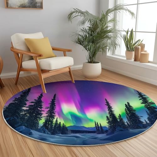 Teppich Rund Natur Schneeberg Polarlicht Thema Wohnzimmerteppich, 180 cm Modern rutschfest Runder Teppich, Bunt Waschbarer Innenbereich Teppiche für Essbereich Arbeitszimmer Flur Teppich Rund Natur Schneeberg Polarlicht Thema Wohnzimmerteppich, 180 cm Modern rutschfest Runder Teppich, Bunt Waschbarer Innenbereich Teppiche für Essbereich Arbeitszimmer Flur von Generisch