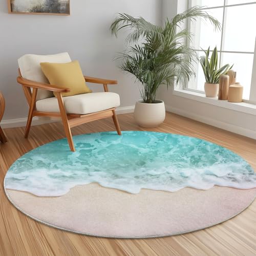 Teppich Rund Natur Strand Wellen Thema Wohnzimmerteppich, 100 cm Modern rutschfest Runder Teppich, Licht Waschbarer Innenbereich Teppiche für Essbereich Arbeitszimmer Flur von Generisch