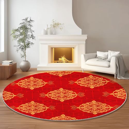 Teppich Rund Orientalischer Traditionell Chinesischer Knoten Drucken rutschfest Waschbar Runder Teppich 60 cm für Wohnzimmer Kinderzimmer Büro Korridor, Weich Flaumig Flanell Teppiche Rot von Generisch