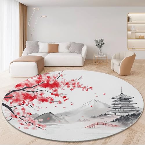 Teppich Runde 180 cm Orientalisch Japanische Architektur Aquarell Waschbarer Rutschfester & Kurzflor Teppich für Wohnzimmer Schlafzimmer Esszimmer Korridor, Weich Flanell Runde Teppiche Weiß von Generisch