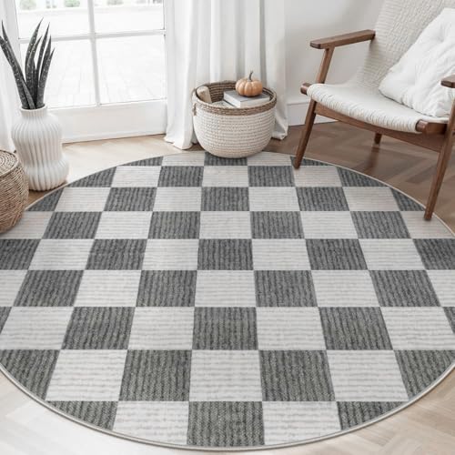 Teppich Runder,Moderne Karierte Bauernhaus-Partydekoration, Grau, ø 130 cm, Teppich Matte für Wohnzimmer Schlafzimmer Jugendzimmer Balkon Hängesessel, von Generisch