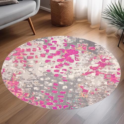 Teppich Runder,Modernes, grau-weißes, abstraktes Distressed-Design, Fuchsia, ø 130 cm, Teppich Matte für Wohnzimmer Schlafzimmer Jugendzimmer Balkon Hängesessel, von Generisch