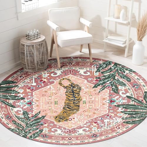 Teppich Runder,Vintage Blumen Modern Tiger Print Blattmuster, Rosa, ø 130 cm, Teppich Matte für Wohnzimmer Schlafzimmer Jugendzimmer Balkon Hängesessel, von Generisch