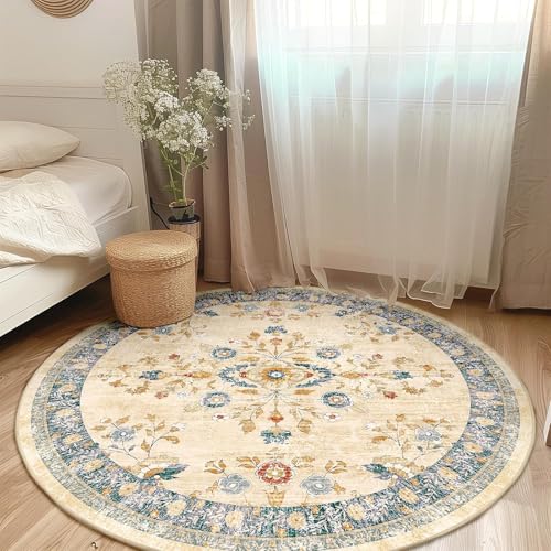 Teppich Runder,Vintage Floral Distressed Print Muster Beige, Grün, ø 80 cm, waschbare Teppiche Sessel Wohnzimmer Schlafzimmer Schminktisch Schminkstuhl, Teppich Runder,Vintage Floral Distressed Print Muster Beige, Grün, ø 80 cm, waschbare Teppiche Sessel Wohnzimmer Schlafzimmer Schminktisch Schminkstuhl, von Generisch