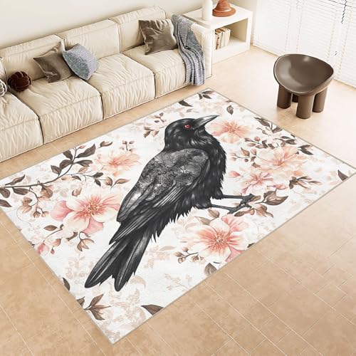 Teppich Schlafzimmer 120x170cm Blumen Krähe kurzflor Teppich Moderner Vorleger für Wohnzimmer waschbar mit geometrischem Design, weich und schmutzabweisend E4.2-6-1445 von Generisch