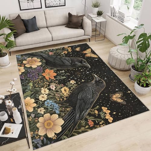 Teppich Schlafzimmer 120x170cm Krähe In Den Blumen kurzflor Teppich Moderner Vorleger für Wohnzimmer waschbar mit geometrischem Design, weich und schmutzabweisend E4.2-6-1469 von Generisch