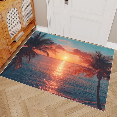 Teppich Schlafzimmer 120x170cm Sonnenuntergang Meer Kokosnussbäume kurzflor Teppich Moderner Vorleger für Wohnzimmer waschbar mit geometrischem Design, weich und schmutzabweisend E4.2-6-405 von Generisch