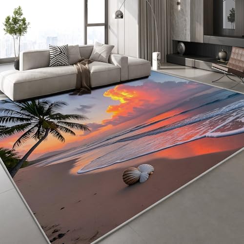 Teppich Schlafzimmer 140x200 cm Meer Sonnenuntergang Kinderteppich Dekoration Carpets Strand Mit Palmen Teenager Kurzflor Flanell Teppiche Rutschfeste Spielteppiche für Schlafzimmer Wohnzimmer von Generisch