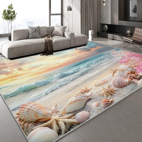 Teppich Schlafzimmer 140x200 cm Muscheln Meer Kinderteppich Dekoration Carpets Strand Sonnenuntergang Teenager Kurzflor Flanell Teppiche Rutschfeste Spielteppiche für Schlafzimmer Wohnzimmer von Generisch