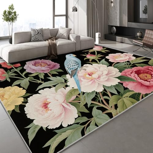 Teppich Schlafzimmer 160x230 cm Pfingstrosenblüten Pflanzen Kinderteppich Dekoration Carpets Retro Luxus Teenager Kurzflor Flanell Teppiche Rutschfeste Spielteppiche für Schlafzimmer Wohnzimmer von Generisch