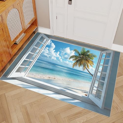 Teppich Schlafzimmer 60x120cm Fenster Meer Strand badezimmerteppich Set Pflegeleichte waschbare Matte für Eingangsbereich, dekorativ und strapazierfähig ER25-29-912 von Generisch