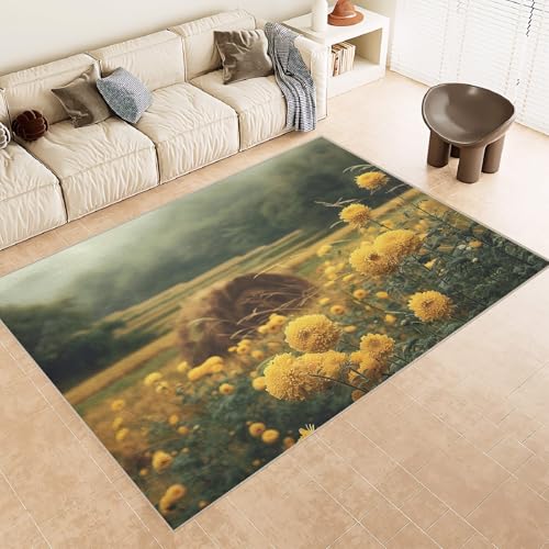 Teppich Schlafzimmer 60x90cm Gelbe Blumen Teppich waschbar in Waschmaschine Waschbarer Flurläufer mit abstraktem Muster, rutschfest und für alle Böden geeignet E4.2-6-1548 von Generisch