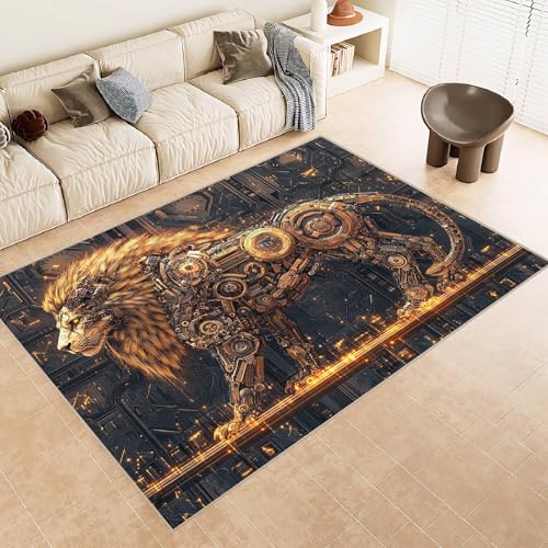 Teppich Schlafzimmer 60x90cm Mechanischer Löwe Teppich waschbar in Waschmaschine Waschbarer Flurläufer mit abstraktem Muster, rutschfest und für alle Böden geeignet ER25-29-2633 von Generisch