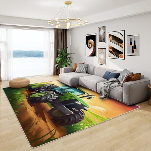 Teppich Traktor Kinderzimmer - Teppich Wohnzimmer Schlafzimmer Kinder Traktor, Kleiner Teppich Grün Traktor, Weich Kurzflor & Waschbar & rutschfest Fussmatte Innen, Kinderteppich 80x150 cm von Generisch