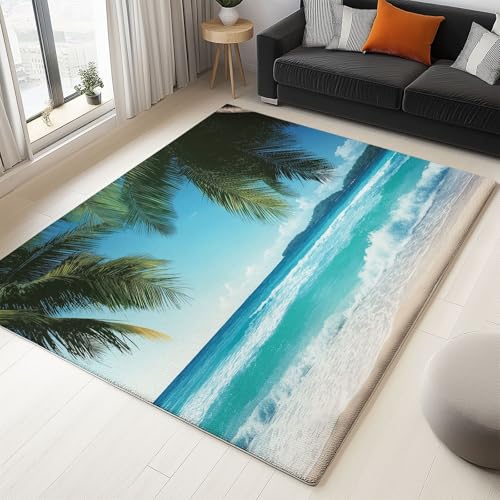 Teppich Waschbare 120 x 170 cm, Tropischer Strand Mit Palmen Weich rutschfest Design, Großer Kurzflor Flauschiger Teppiche, Strapazierfähig und Nicht Fusselnd für Wohnzimmer Schlafzimmer, Blau von Generisch