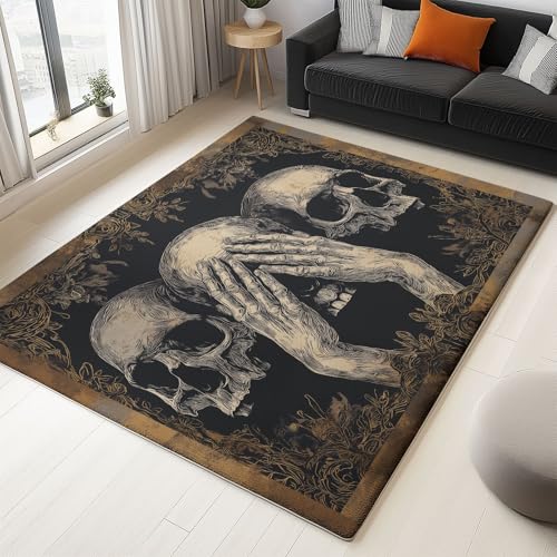 Teppich Waschbare 140 x 200 cm, Retro Stil Gotischer Totenkopf Weich rutschfest Design, Großer Kurzflor Flauschiger Teppiche, Strapazierfähig und Nicht Fusselnd für Wohnzimmer Schlafzimmer, Bronze Teppich Waschbare 140 x 200 cm, Retro Stil Gotischer Totenkopf Weich rutschfest Design, Großer Kurzflor Flauschiger Teppiche, Strapazierfähig und Nicht Fusselnd für Wohnzimmer Schlafzimmer, Bronze von Generisch