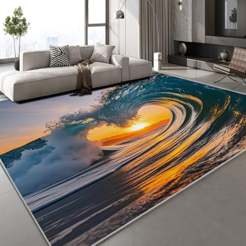 Teppich Wohnzimmer 140x200 cm 3D Druck Meereswellen Sonnenuntergang Meer Natur Teppich Kaschmirimitat Anti Rutsch Leicht zu reinigen Waschbare Rückseite für Wohn Arbeitsbereiche Mietwohnungen von Generisch