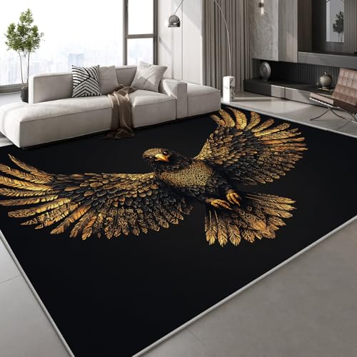 Teppich Wohnzimmer 140x200 cm Adler Tier 3D Druck Flügel Golden Muster Teppich Kaschmirimitat Anti Rutsch Leicht zu reinigen Waschbare Rückseite für Wohn Arbeitsbereiche,Mietwohnungen von Generisch