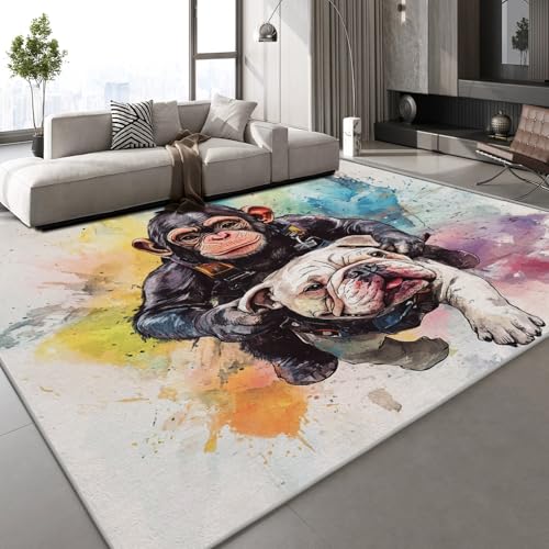 Teppich Wohnzimmer 140x200 cm Bulldogge Orang-Utan 3D Druck Gemalte Tiere Muster Teppich Kaschmirimitat Anti Rutsch Leicht zu reinigen Waschbare Rückseite für Wohn Arbeitsbereiche,Mietwohnungen von Generisch