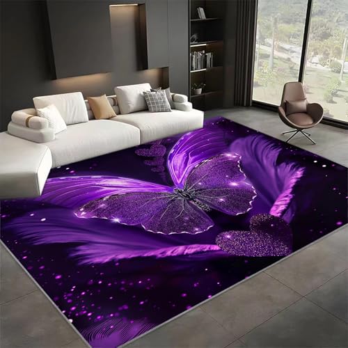 Teppich Wohnzimmer 140x200 cm Schlafzimmer Schmetterling Lila Fantasie Waschbar in Waschmaschine, Kurzflor Carpet Weicher für Kinderzimmer von Generisch