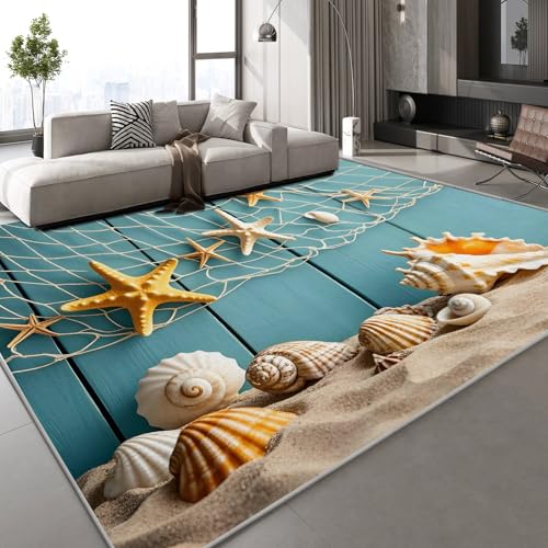 Teppich Wohnzimmer 140x200 cm Seesterne Muscheln 3D Druck Strand Fischernetze Muster Teppich Kaschmirimitat Anti Rutsch Leicht zu reinigen Waschbare Rückseite für Wohn Arbeitsbereiche,Mietwohnungen von Generisch