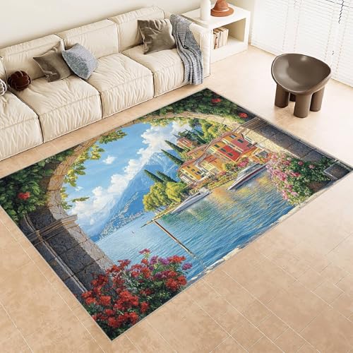 Teppich Wohnzimmer 160x230 cm 3D Druck Blumen BäUme Fluss Berge Muster Teppich Kaschmirimitat Anti Rutsch Leicht zu reinigen Waschbare Rückseite für Wohn Arbeitsbereiche Perfekt für Mietwohnungen von Generisch