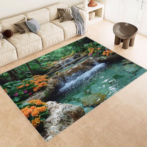 Teppich Wohnzimmer 160x230 cm 3D Druck Fluss Steine Blumen Muster Teppich Kaschmirimitat Anti Rutsch Leicht zu reinigen Waschbare Rückseite für Wohn Arbeitsbereiche Perfekt für Mietwohnungen von Generisch
