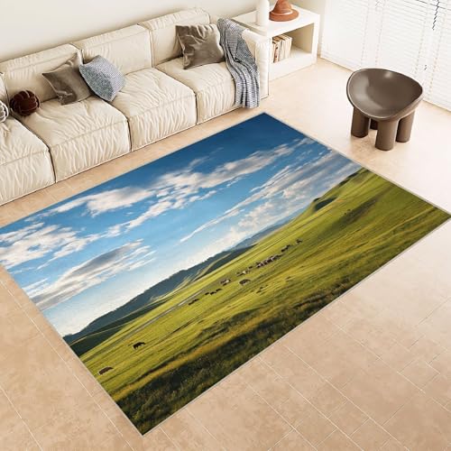 Teppich Wohnzimmer 160x230 cm 3D Druck Grasland Rinder Schafe Muster Teppich Kaschmirimitat Anti Rutsch Leicht zu reinigen Waschbare Rückseite für Wohn Arbeitsbereiche Perfekt für Mietwohnungen von Generisch