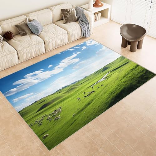 Teppich Wohnzimmer 160x230 cm 3D Druck GrüN KüHe Schafe Himmel Muster Teppich Kaschmirimitat Anti Rutsch Leicht zu reinigen Waschbare Rückseite für Wohn Arbeitsbereiche Perfekt für Mietwohnungen von Generisch