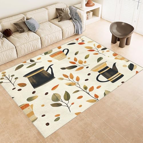 Teppich Wohnzimmer 160x230 cm 3D Druck Kaffeekanne Bohnen Blatt Muster Teppich Kaschmirimitat Anti Rutsch Leicht zu reinigen Waschbare Rückseite für Wohn Arbeitsbereiche Perfekt für Mietwohnungen von Generisch