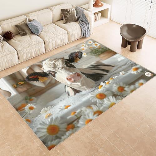 Teppich Wohnzimmer 160x230 cm 3D Druck Kuh GäNseblüMchen Blumen Muster Teppich Kaschmirimitat Anti Rutsch Leicht zu reinigen Waschbare Rückseite für Wohn Arbeitsbereiche Perfekt für Mietwohnungen von Generisch
