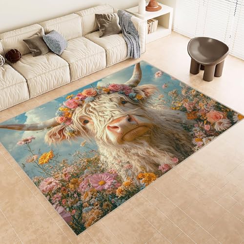 Teppich Wohnzimmer 160x230 cm 3D Druck Kuh GehöRnte Blumen Muster Teppich Kaschmirimitat Anti Rutsch Leicht zu reinigen Waschbare Rückseite für Wohn Arbeitsbereiche Perfekt für Mietwohnungen von Generisch