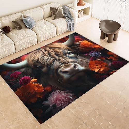 Teppich Wohnzimmer 160x230 cm 3D Druck Kuh GehöRnte Blumen Muster Teppich Kaschmirimitat Anti Rutsch Leicht zu reinigen Waschbare Rückseite für Wohn Arbeitsbereiche Perfekt für Mietwohnungen von Generisch