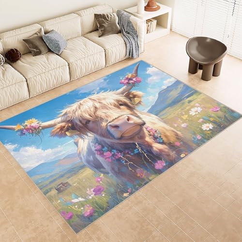 Teppich Wohnzimmer 160x230 cm 3D Druck Kuh GehöRnte Blumen Muster Teppich Kaschmirimitat Anti Rutsch Leicht zu reinigen Waschbare Rückseite für Wohn Arbeitsbereiche Perfekt für Mietwohnungen von Generisch