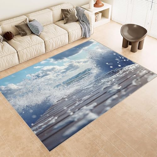 Teppich Wohnzimmer 160x230 cm 3D Druck Meereswellen Holzbrett Muster Teppich Kaschmirimitat Anti Rutsch Leicht zu reinigen Waschbare Rückseite für Wohn Arbeitsbereiche Perfekt für Mietwohnungen von Generisch
