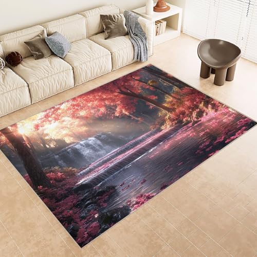 Teppich Wohnzimmer 160x230 cm 3D Druck Rot Sonnenschein Bach Muster Teppich Kaschmirimitat Anti Rutsch Leicht zu reinigen Waschbare Rückseite für Wohn Arbeitsbereiche Perfekt für Mietwohnungen von Generisch