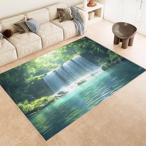Teppich Wohnzimmer 160x230 cm 3D Druck WasserfäLle BäUme Fluss Muster Teppich Kaschmirimitat Anti Rutsch Leicht zu reinigen Waschbare Rückseite für Wohn Arbeitsbereiche Perfekt für Mietwohnungen von Generisch