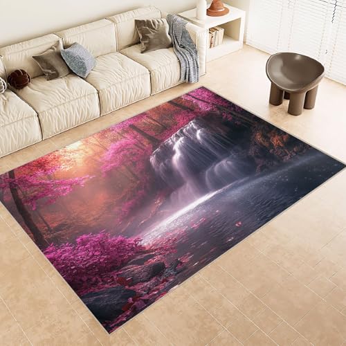 Teppich Wohnzimmer 160x230 cm 3D Druck Wasserfall Fluss Rosa Muster Teppich Kaschmirimitat Anti Rutsch Leicht zu reinigen Waschbare Rückseite für Wohn Arbeitsbereiche Perfekt für Mietwohnungen von Generisch