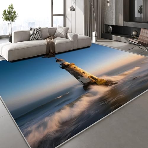 Teppich Wohnzimmer 160x230 cm Leuchtturm Meer 3D Druck Natur Landschaft Muster Teppich Kaschmirimitat Anti Rutsch Leicht zu reinigen Waschbare Rückseite für Wohn Arbeitsbereiche,Mietwohnungen von Generisch