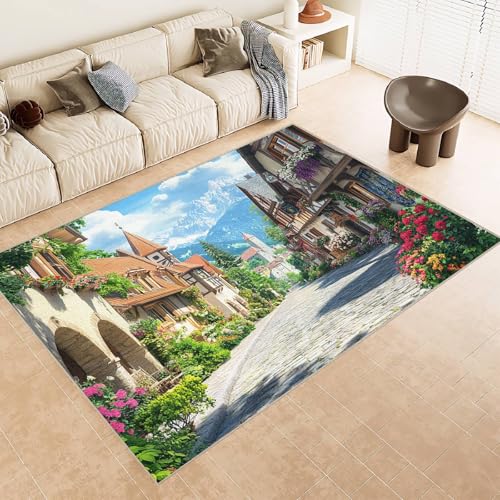 Teppich Wohnzimmer 180x240 cm 3D Druck Blumen BäUme Berge Burg Muster Teppich Kaschmirimitat Anti Rutsch Leicht zu reinigen Waschbare Rückseite für Wohn Arbeitsbereiche Perfekt für Mietwohnungen von Generisch