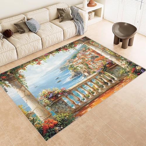 Teppich Wohnzimmer 180x240 cm 3D Druck Bunt Blumen Meer GebäUde Muster Teppich Kaschmirimitat Anti Rutsch Leicht zu reinigen Waschbare Rückseite für Wohn Arbeitsbereiche Perfekt für Mietwohnungen von Generisch