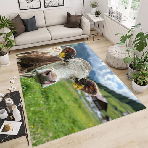 Teppich Wohnzimmer 180x240 cm 3D Druck Kuh Wiese Berg Tier Muster Teppich Kaschmirimitat Anti Rutsch Leicht zu reinigen Waschbare Rückseite für Wohn Arbeitsbereiche Perfekt für Mietwohnungen von Generisch