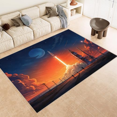 Teppich Wohnzimmer 180x240 cm 3D Druck Rakete Himmelfahrt Mond Muster Teppich Kaschmirimitat Anti Rutsch Leicht zu reinigen Waschbare Rückseite für Wohn Arbeitsbereiche Perfekt für Mietwohnungen von Generisch